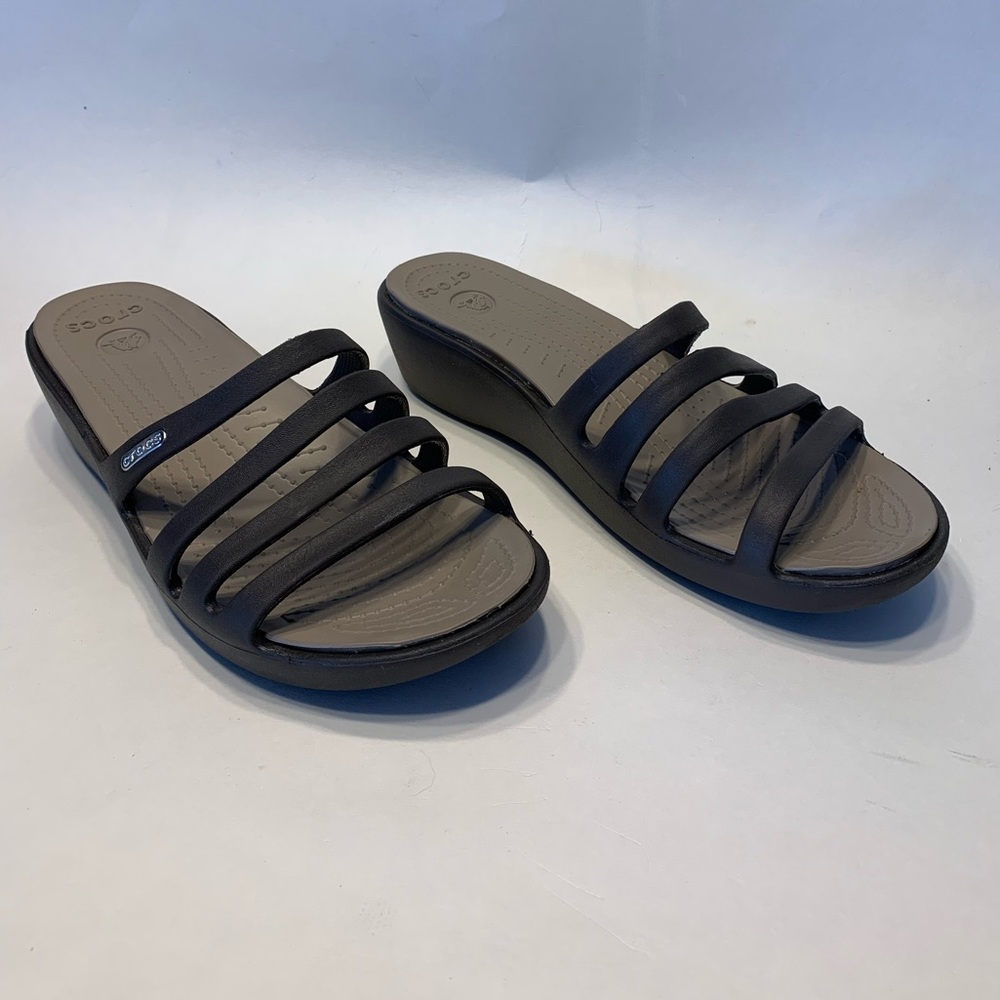 CROCS Rhonda women’s espresso brown, slip-on wedge sandal. Size 8.